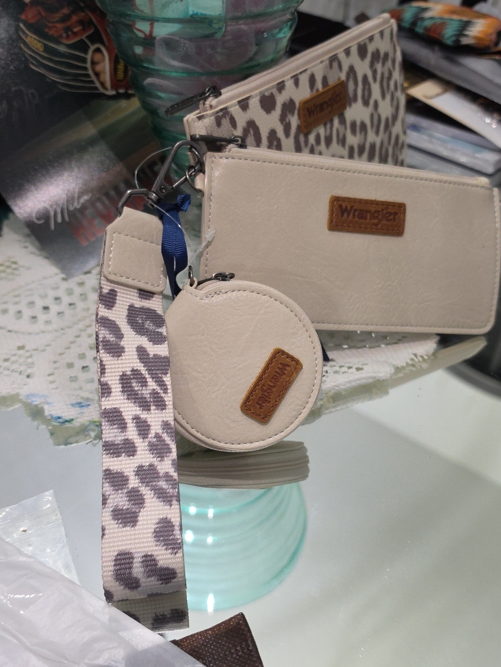 Wrangler Cream Wristlet Trio with Leopard-Pattern Strap